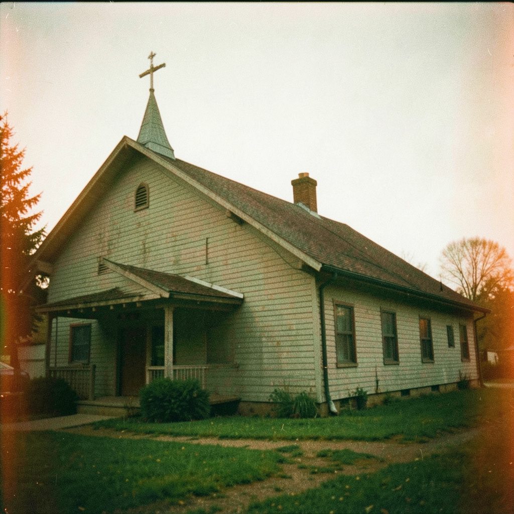 Grainy analog film photograph of a modest rural church building under warm green and earthy brown tones, with a soft, hopeful morning mood
