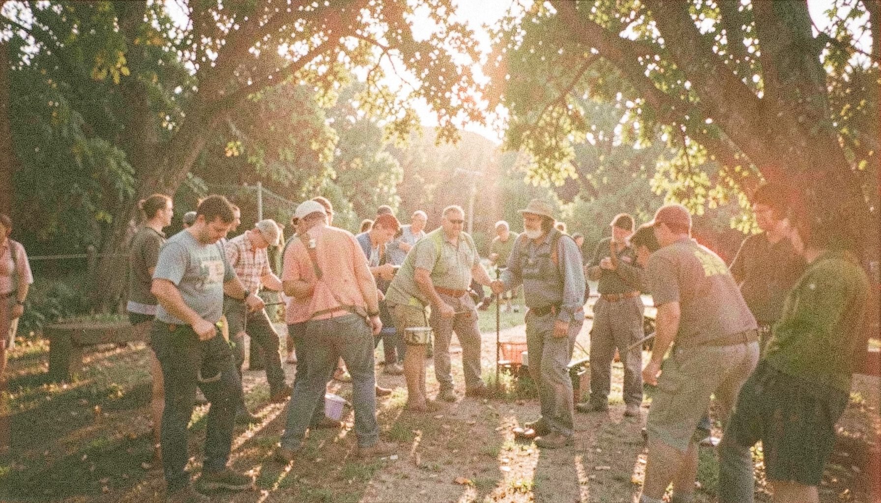 A grainy film photograph of volunteers working together outdoors in a rural setting, warm sunlight filtering through trees, with muted greens and earthy browns dominating the scene.